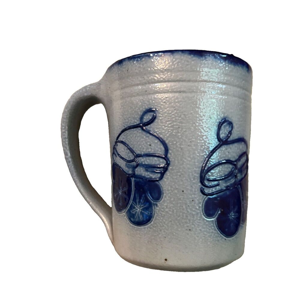 Eldreth Pottery Mug Salt Glazed Handmade Art Stoneware Blue Gray Signed Mittens